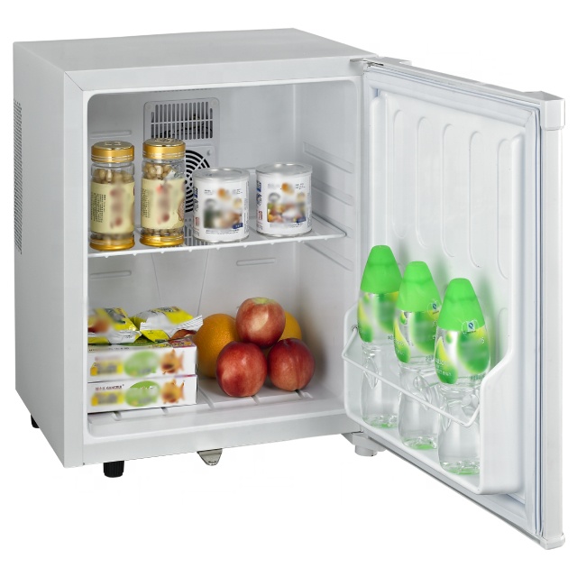 Interior view of the hotel refrigerator with shelves