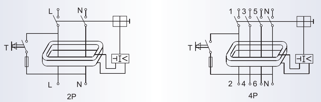 Diagram showing internal mechanism and pole configurations of the RCCB