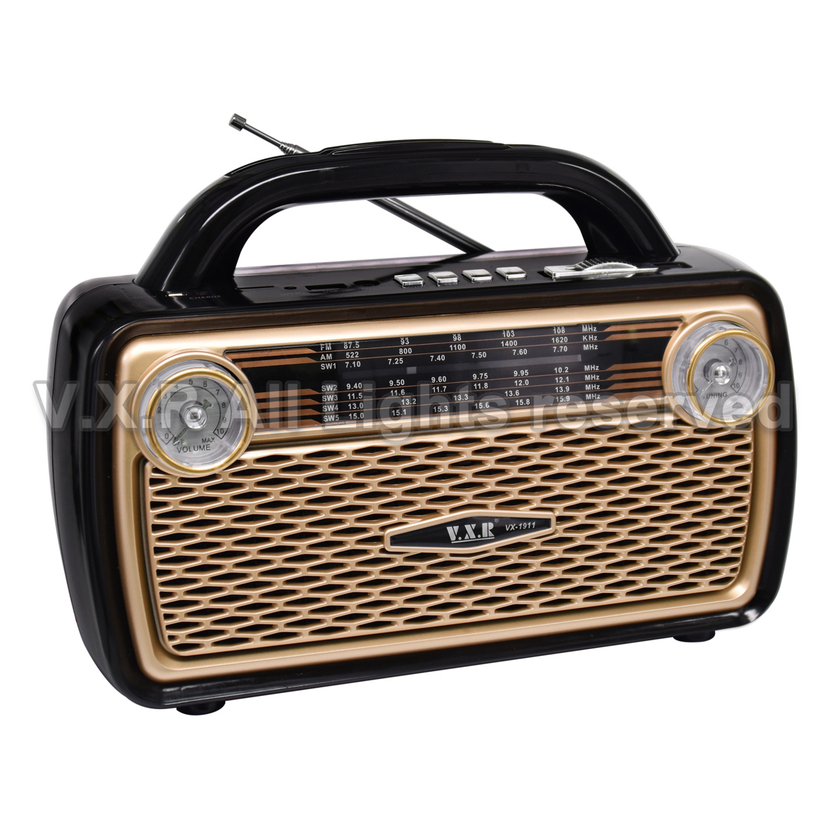 Retro-style radio player with tuning dial and speaker grill