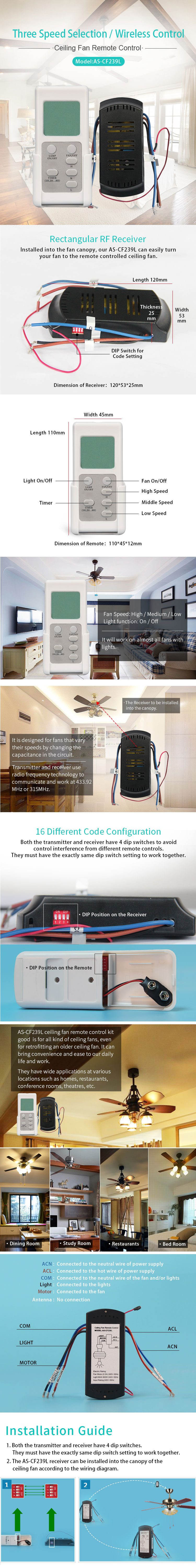 Technical diagram showing remote and receiver dimensions and wiring connections