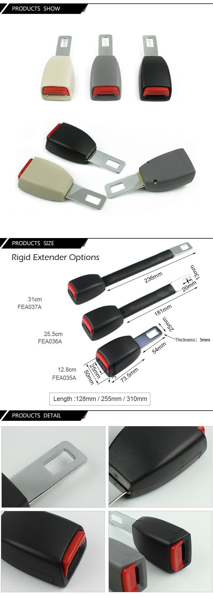 Rigid seat belt extender detail view