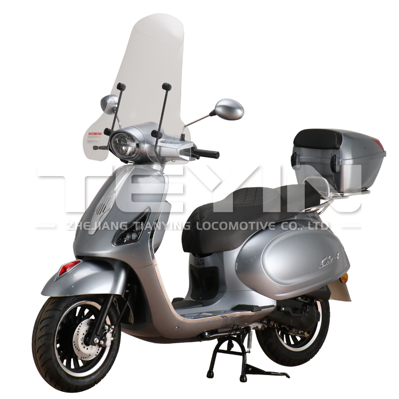 Side profile view of the ROME-X retro scooter showing chrome accents and windshield