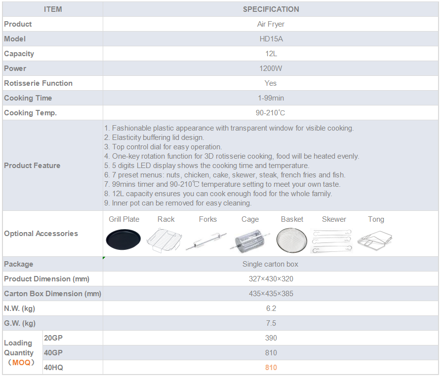 Digital 12L Air Fryer overview with specifications