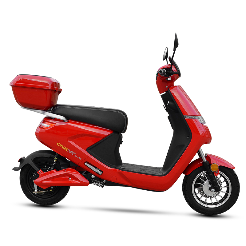 Side profile of the electric scooter showing the frame and storage box