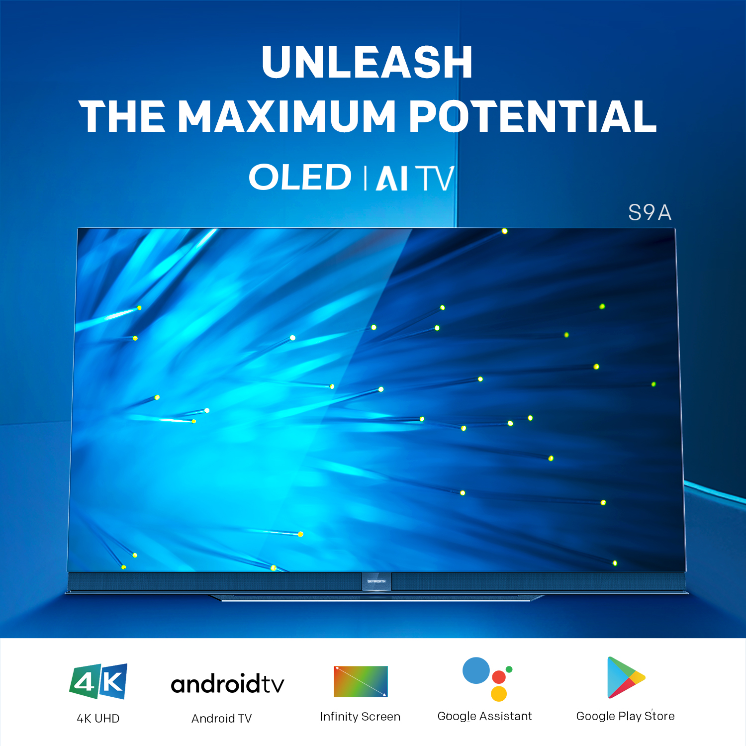 S9A OLED AI TV display unit showing infinity screen design