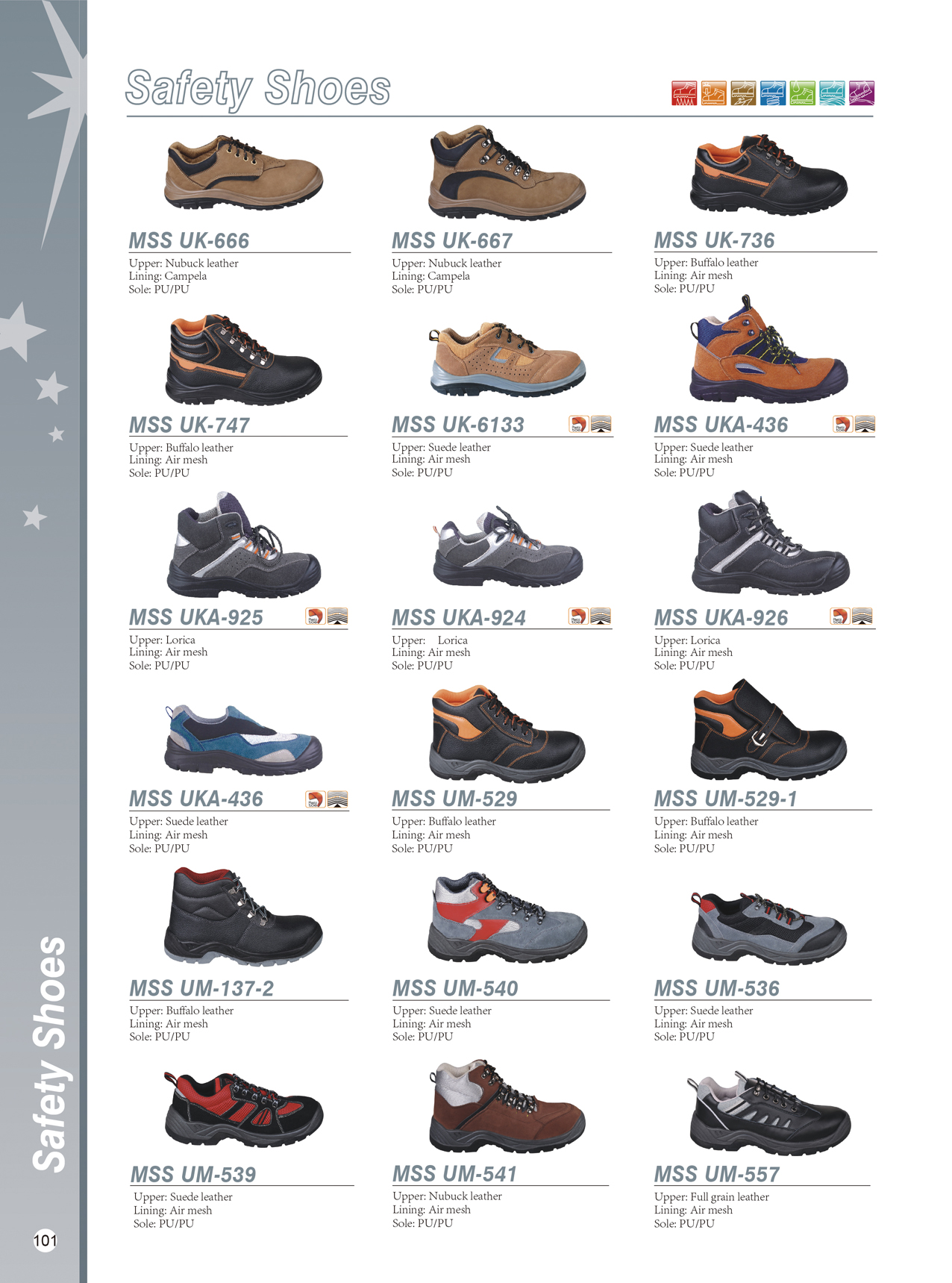 Range of safety shoe models showing various leather uppers and sole profiles