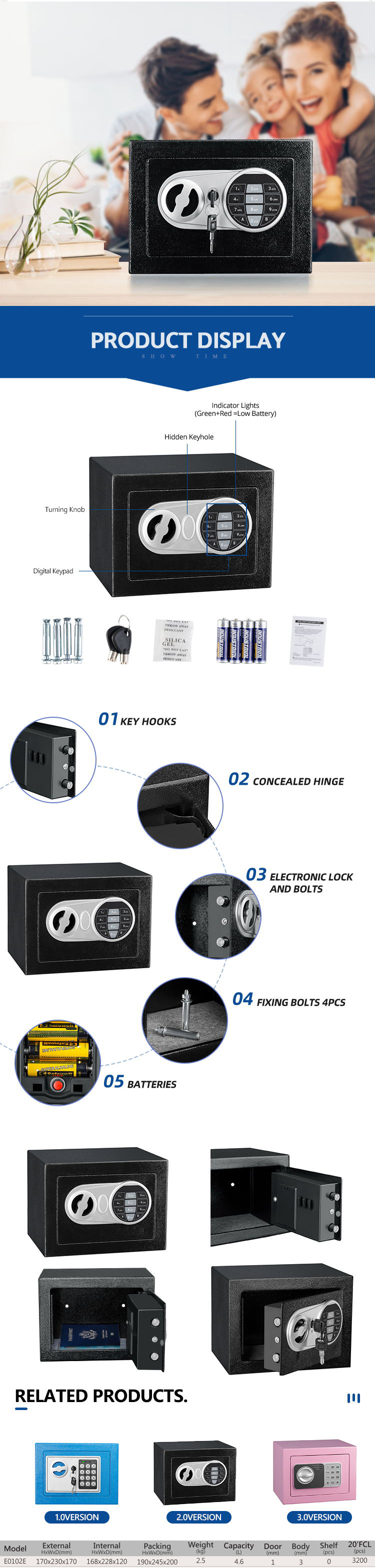 Display of safe features including keypad, hidden keyhole, and bolt system