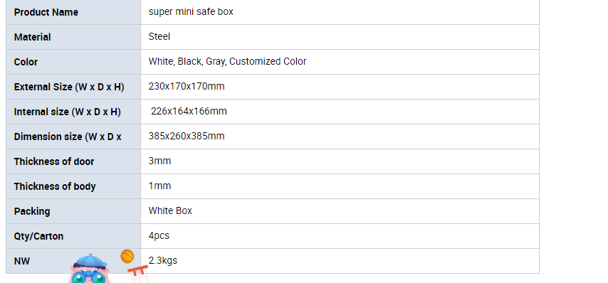 Technical specification overview for the mini mechanical safe