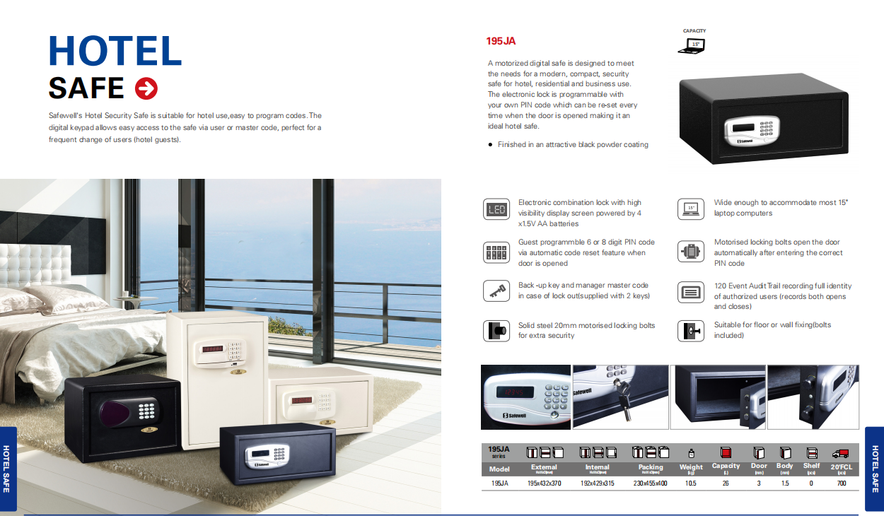Electronic laptop safe features and display highlighting key security components