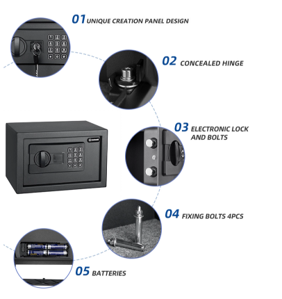 Safe box showing concealed hinges and battery compartment