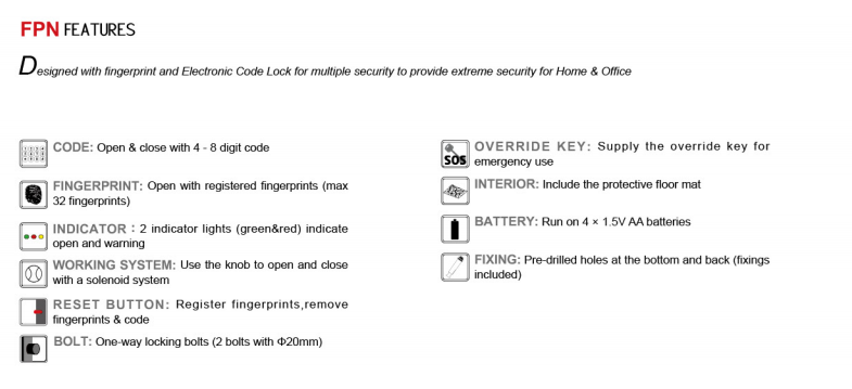 Features list including fingerprint access and emergency override