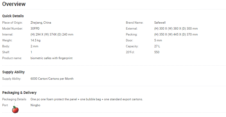 Technical specification chart for the biometric safe