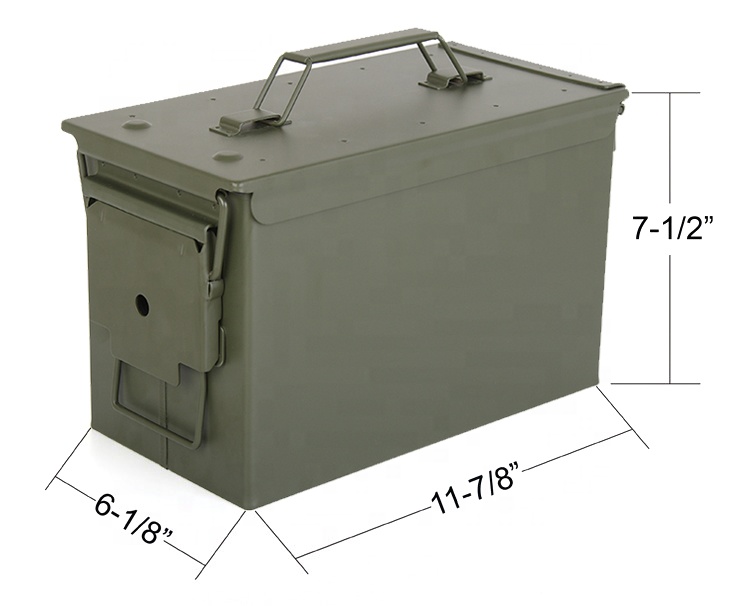 Metal ammunition case showing height and width markings