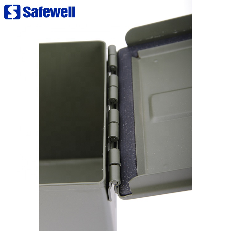 Side view of the metal ammo storage case with latch visible