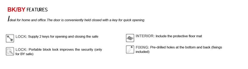 Key features and installation details for the safe