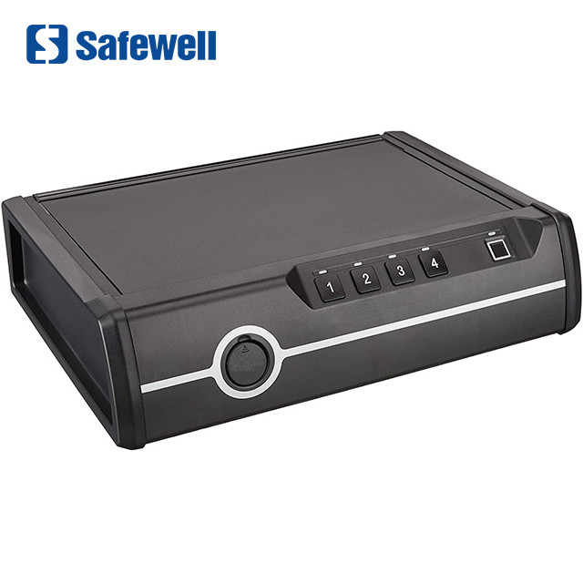 Portable biometric handgun safe showing secure interior padding
