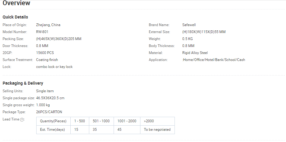 Technical specifications and logistics summary