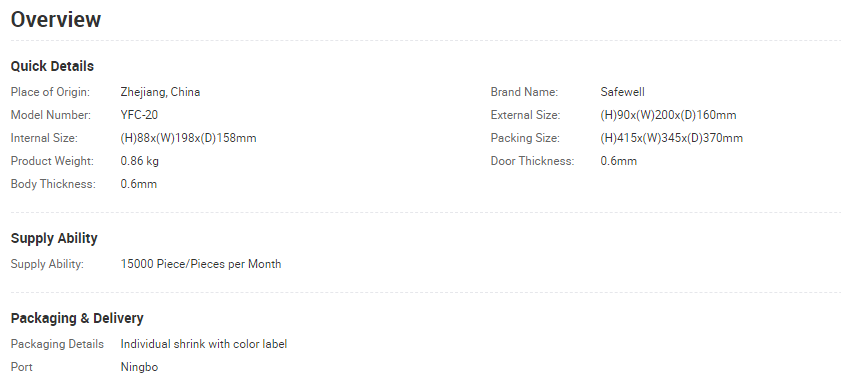 Technical specifications overview for the portable cash box