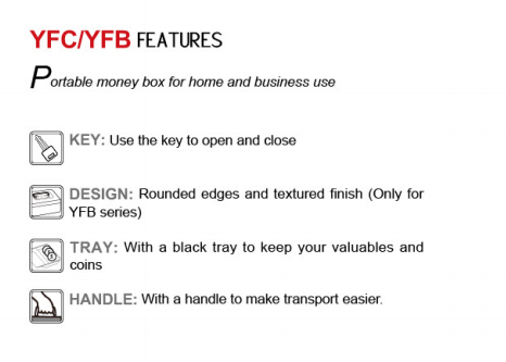 Product features including handle, tray, and lock mechanism