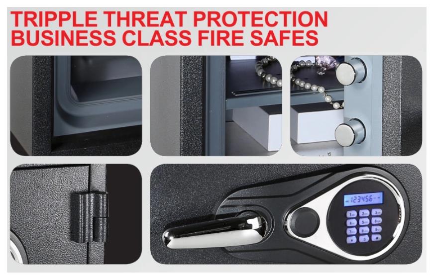 Electronic fireproof safe showing digital keypad and business-class fire protection