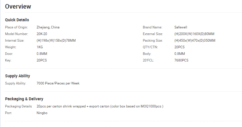 Table showing technical specifications and dimensions for the metal key safe box.