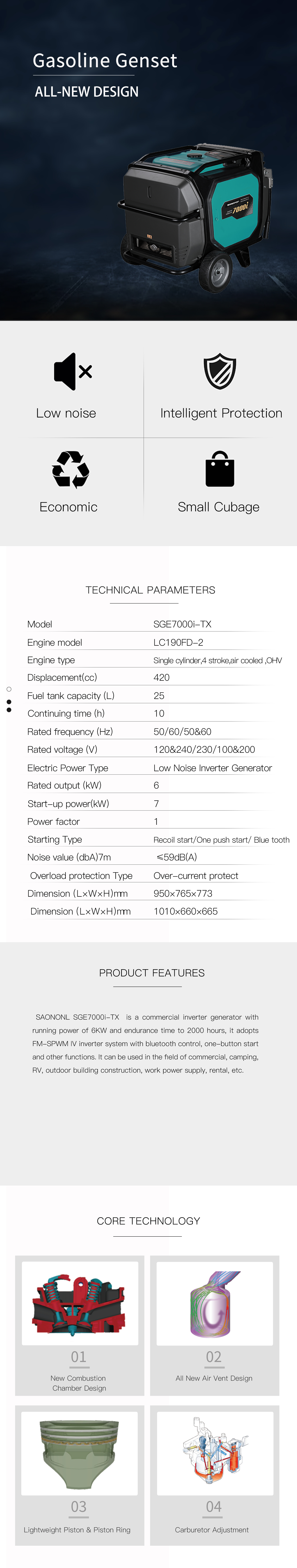 Technical specification overview of the 7kW inverter generator
