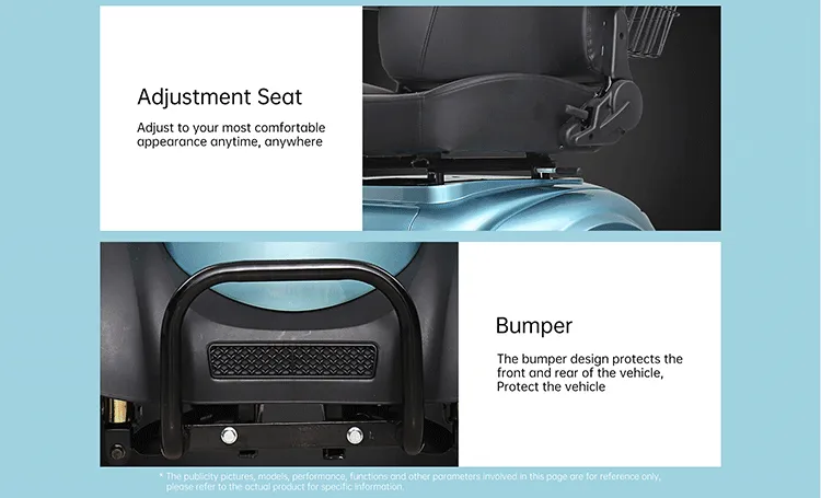 Adjustable seat and bumper design on mobility scooter
