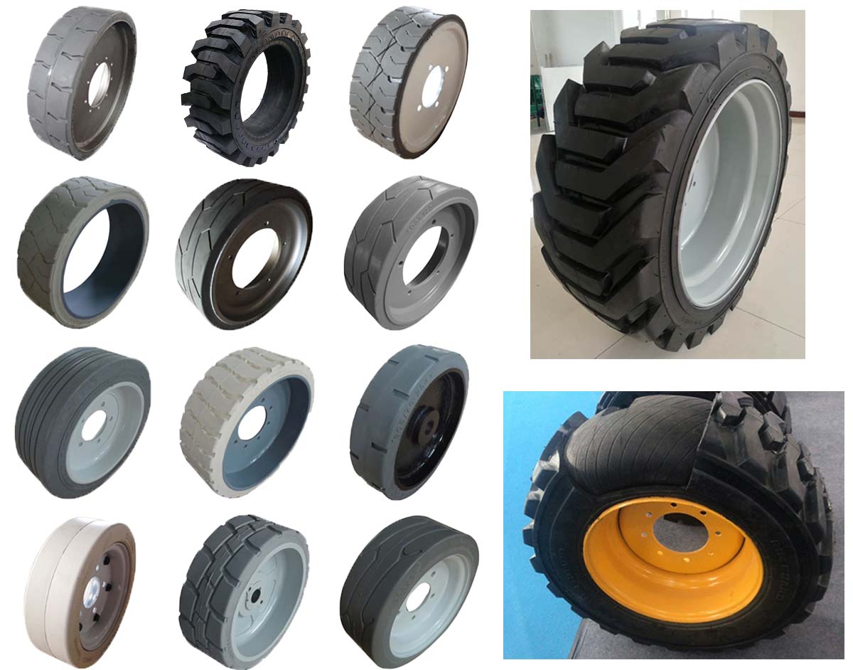 Close up of scissor lift solid tire tread and structure