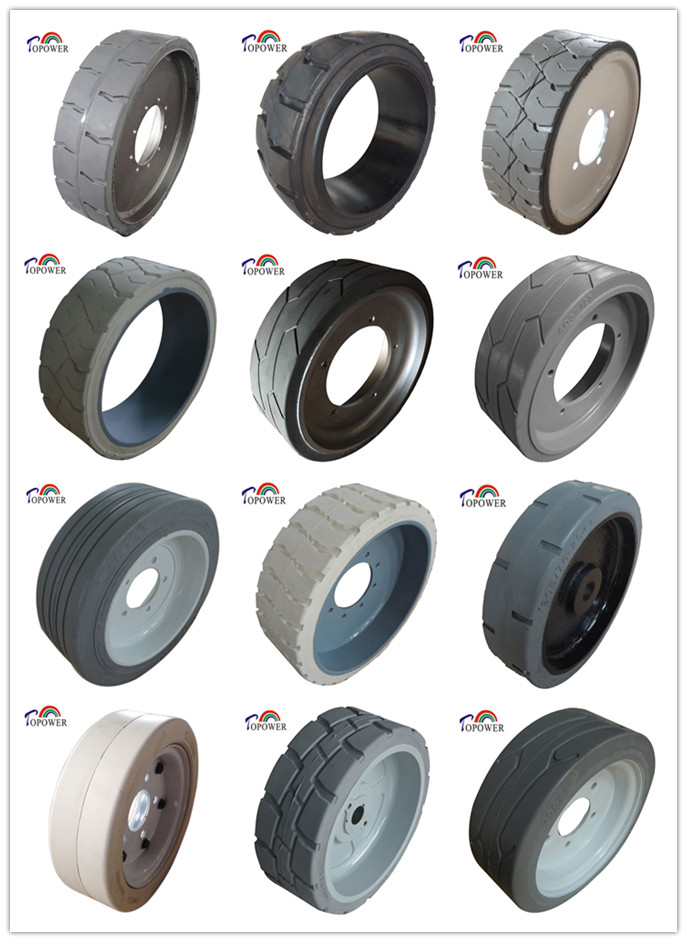 High-performance solid tire showing tread pattern
