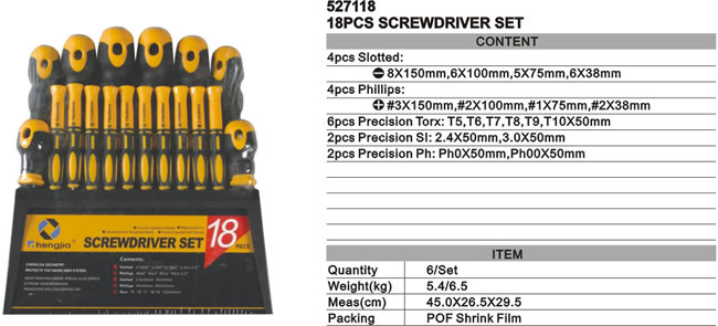 18-Piece Screwdriver Set with Slotted, Phillips, and Torx Bits