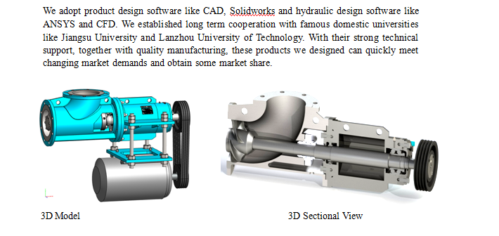 3D CAD model and sectional view of the pump
