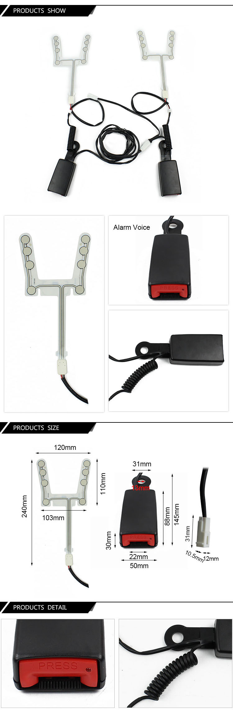 Technical diagram showing seat belt alarm component dimensions