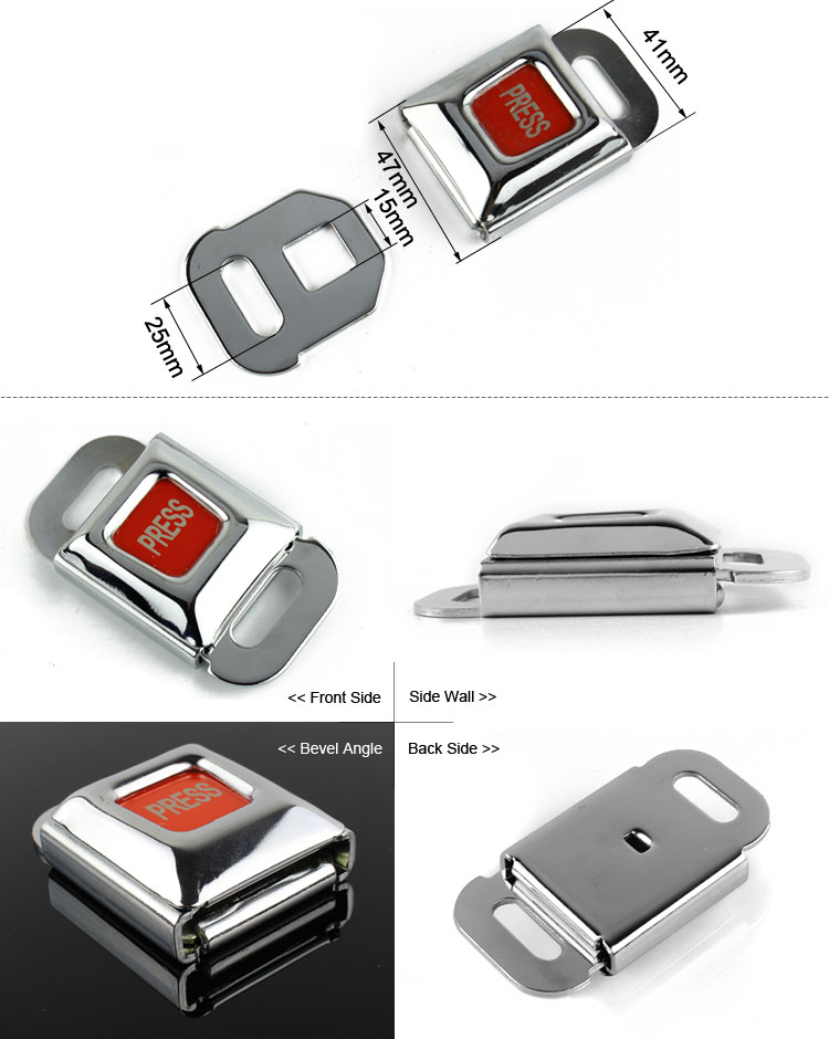 Technical diagram of the metal seat belt buckle showing precise dimensions