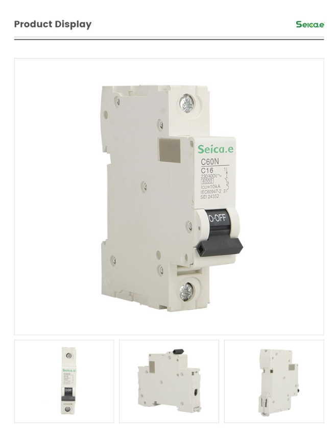 Close up of the miniature circuit breaker showing specifications and status indicator