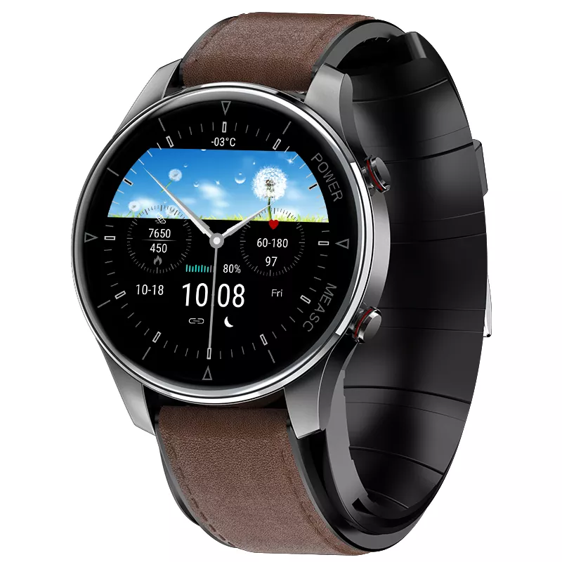Smart watch showing health metrics on a round display with leather and silicone bands