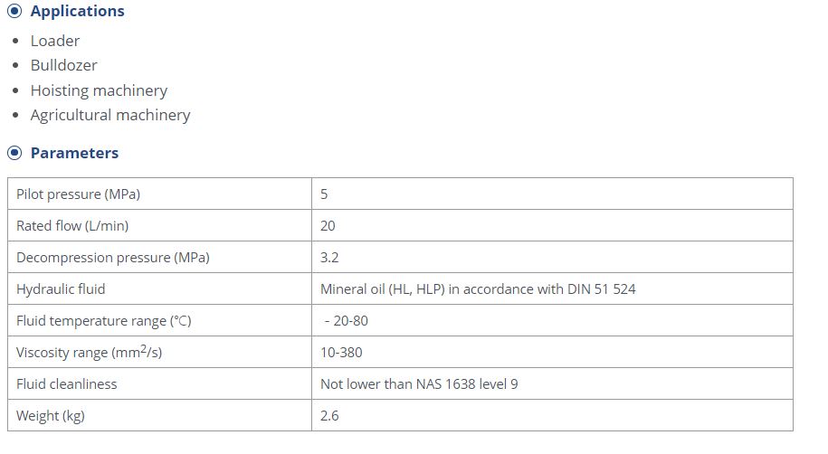 Technical summary and parameter table for SF8 pressure selector valve