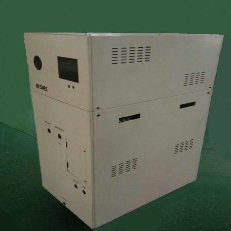 Detailed view of sheet metal cabinet casing with ventilation