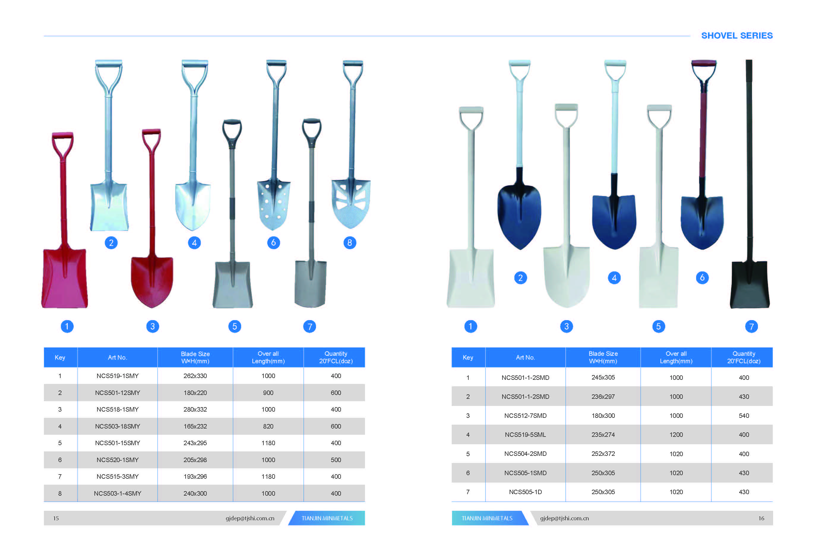 Technical catalog page showing various shovel models and dimensional specifications