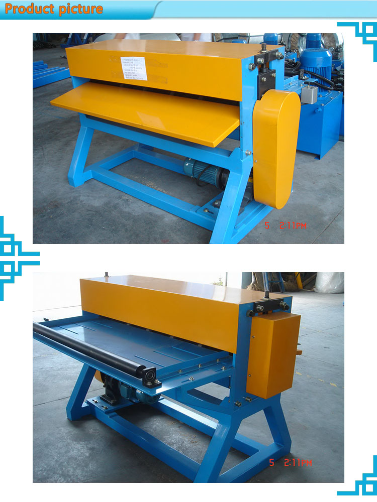 Front view of the aluminum and steel cut-to-length machine showing the feeding and cutting mechanism.