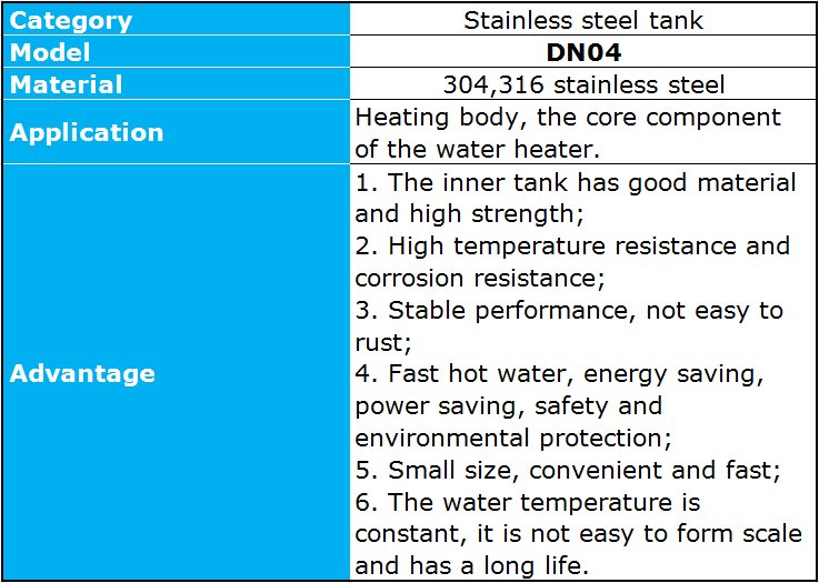 Stainless steel tank technical diagram and performance summary