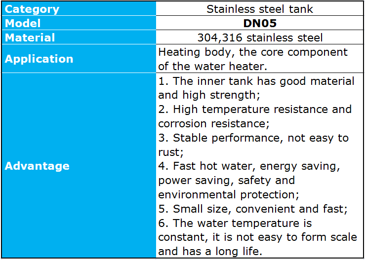 Stainless steel water heater tank showing product benefits and specifications