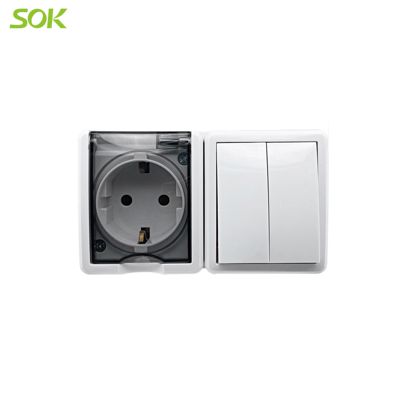Single Schuko Power Outlet Without Shutter + 2 G 1 W Light Switch (Surface Mounted) - Image 2