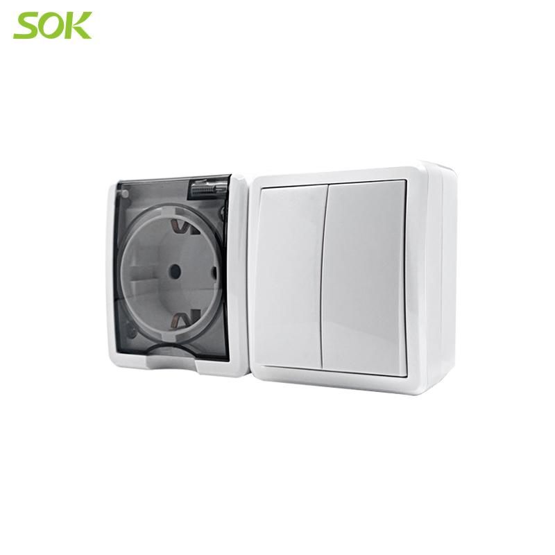 Surface Mounted Schuko Outlet with Double Light Switch