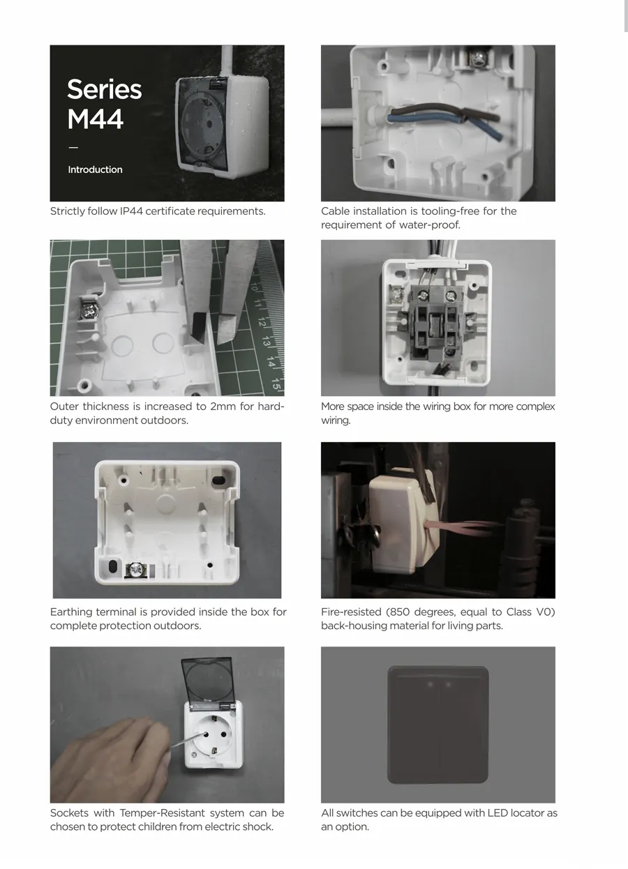 Diagram showing IP44 rating and internal wiring details of the M44 switch and socket unit.