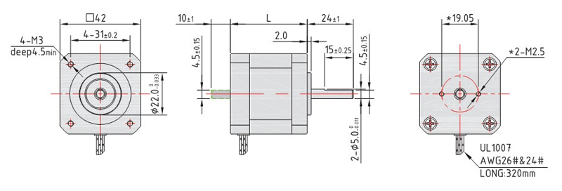 Technical dimension drawing of the 42mm stepper motor