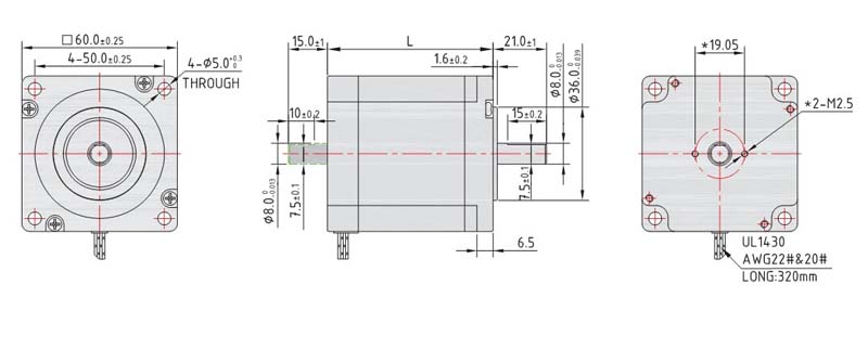 Technical dimensional drawing of the 60mm stepper motor.