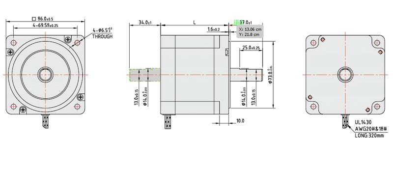 Technical dimension drawing of the 86mm stepper motor showing shaft, flange, and mounting hole details.