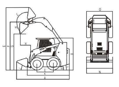 Technical diagram showing side and top views of the skid steer loader dimensions