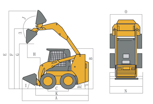 Technical diagram showing side and top profile dimensions of the skid steer loader