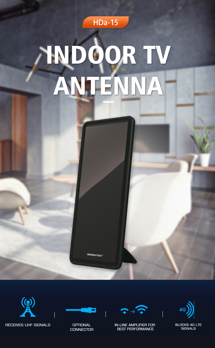 Close up of the slim antenna showing signal performance features.